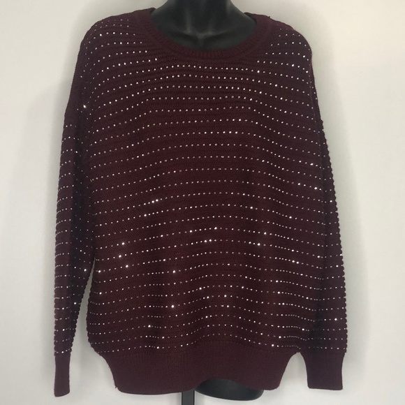 Nour Hammour Sweaters - Nour Hammour Burgundy Crystal Long Sleeve Sweater Size Small Turkey